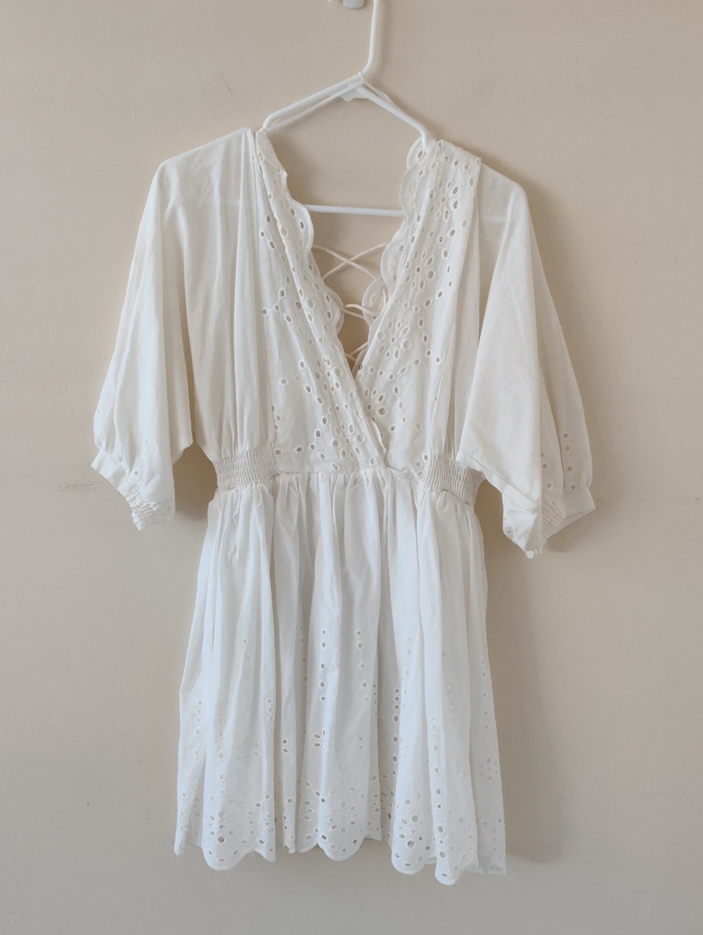 Papillon White Cotton Eyelet Short Dress with Lace-Up Back